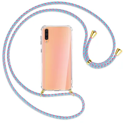 Produktbild von Handykette Backcover-Schutzhülle mit Band (Metall goldfarben) für Samsung Galaxy A50 - pink/mint