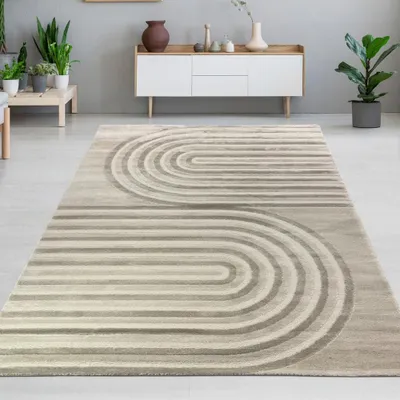 Image de Tapis à poils courts élégant Crème Beige Rayures Effet brillant résistant facile d'entretien Salon Salle à manger Chambre à coucher Taille - 80 x 150 cm