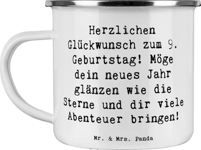 Produktbild von Mr. & Mrs. Panda Pott Spruch 9. Geburtstag Glanz - Weiß - Geschenk, Teetasse, Happy Birthday, Familie und Freunde, Freude, Geburtstagsgeschenk, Magie, Emaille Becher