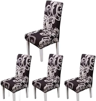 Produktbild von PolkaHome® Stuhlhussen Esszimmer – elastische Stretch-Bezüge, waschbar, Blumenmuster, Schwarz, 4er-Set