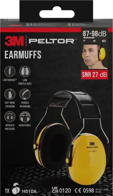 Packaging for 3M Peltor earmuffs, showing a man wearing the product and highlighting features.