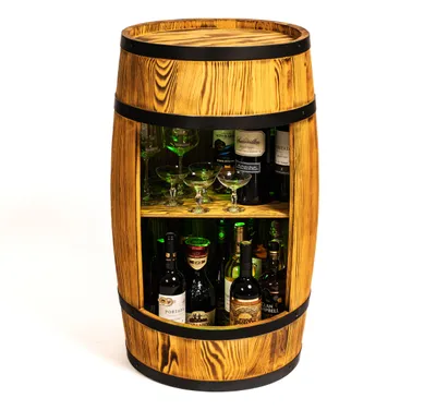 Image de Étagère à vin Creative Cooper en bois avec LED RGB - Armoire à vin MiniBar - Armoire à alcool pour homme - Meuble de bar - Hauteur 80 cm - Étagère de bar déco rétro - Meuble en fût - Meuble de bar en fût (aspect brûlé par le soleil)