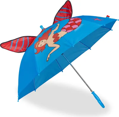 Zdjęcie produktu dla Parasol dla dzieci Relaxdays, motyw 3D z syrenką, parasol dla dziewczynek, średnica 78 cm, mały parasol z trzonkiem, niebiesko-czerwony