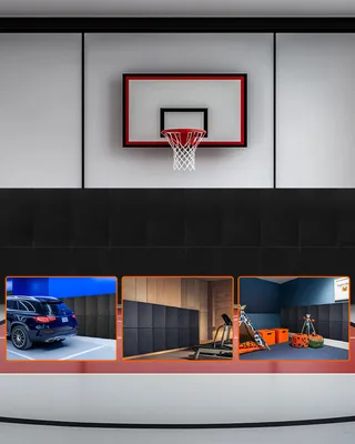 A collage of images showing a basketball hoop, a car in a garage, a gym with exercise equipment, and a play area with toys.