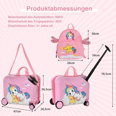 Produktbild von 2tlg Kinderkoffer + Rucksack 47 cm Langer Aufsitzkoffer und 30 cm Breiter Rucksack Rosa Einhorn