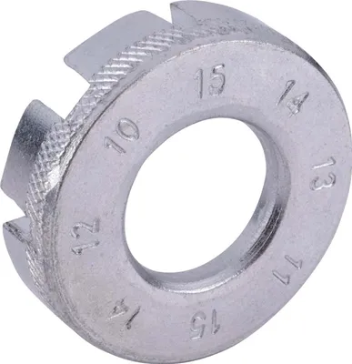 A close-up, studio shot of a silver bicycle spoke wrench with numbered slots.