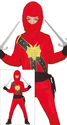 Productafbeelding van Ninja-krijger carnavalspak, vechtsport, drakenkap, zwaardvechten, kinderkostuum, rood en zwart, masker, fantasiekleding, carnaval, maat: 98/104, kleur: rood