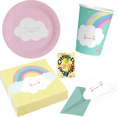 Produktbild von Regenbogen-Rainbow-Party-Set 44tlg. für 8 Gäste Teller Becher Servietten Einladungen