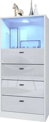 Produktbild von Vladon Kommode Pino V3,  Germany, Anrichte mit 4 Schubladen & 1 offenem Fach, Weiß matt/Weiß Hochglanz mit LED RGB (56 x 125 x 36 cm)