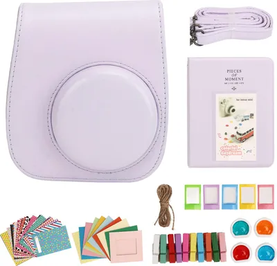 Productafbeelding van Beschermhoes van Polyurethanleer voor mini-instantcamera's - geschikt voor de Fujifilm Instax 12, met albumfilters, kleurrijke ophangframes en stickers, paars