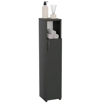 A tall, narrow black cabinet with a small open shelf at the top, displaying rolled towels and decorative items.