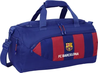 A blue and red FC Barcelona duffel bag is shown against a white background.
