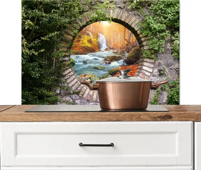 Produktbild von KitchenYeah®  Spritzschutz Küche - Küchenrückwand - Wandschutz für Herd und Spüle - Herbst - Wasserfall - Natur - Aussicht 90x60 - Alu-Dibond (Alternative zum Spritzschutz aus Glas) - Hitzebeständig -