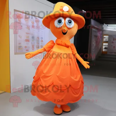 Produktbild von Orange REDBROKOLY Maskottchen Kostümfigur bekleidet mit einem Kleid und Fußpolstern