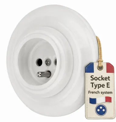 Obrázok produktu pre Nástenná zásuvka, porcelán, retro štýl, typ E, biela