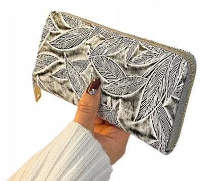 Obrázok produktu pre Peňaženka pre dámy, veľká, z umelého materiálu – 19,5 x 10 cm – sivá, s motívom listov – kabelka na zips