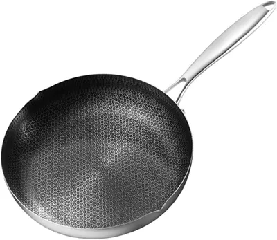 Produktbild von Edelstahl-Bratpfanne mit Wabenmuster, hitzebeständigem Griff und Antihaftbeschichtung für Induktion und vielseitiges Kochen in der Küche