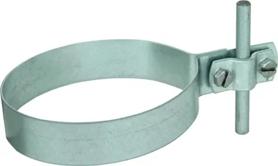 Zdjęcie produktu dla Opaska do rur spustowych DEHN, średnica 100 mm, stal/cyna, z nakładką z dwoma śrubami, do rdzenia 7–10 mm, 1 szt.