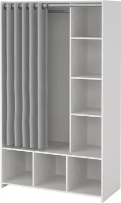 A white wardrobe with a light gray curtain and multiple shelves.