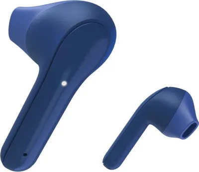 Two blue wireless earbuds are shown against a white background.