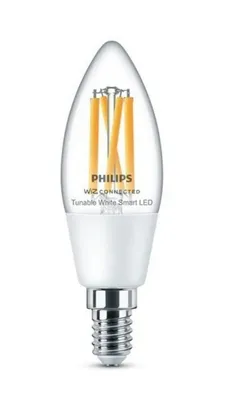 Produktbild von Philips Smarte LED-Filament-Lampe C35, E14-Sockel, 470 lm, Intelligentes Leuchtmittel, Wi-Fi/Bluetooth, Transparent, Weiß, Wi-Fi 4 (802.11n), 802.11b, 802.11g, LED, E14