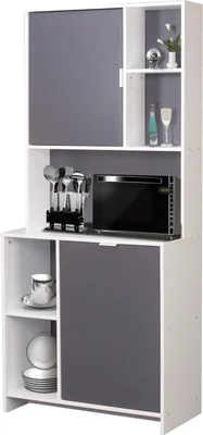 A white and gray kitchen cabinet with multiple shelves and compartments.