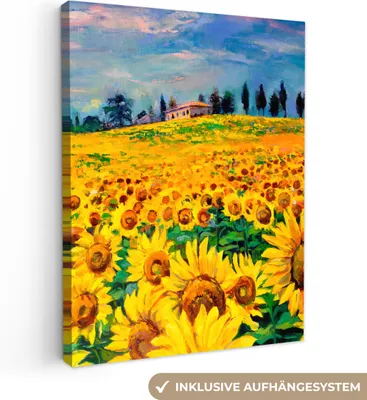 Produktbild von MuchoWow® - Leinwandbilder - Ölfarbe - Gemälde - Blumen - Sonnenblume, Wandbild, Wanddeko Bilder Wohnzimmer, 90x120 cm