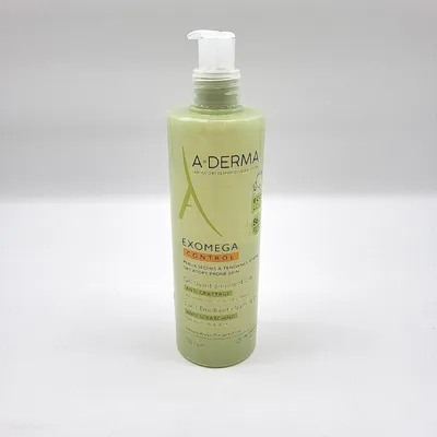 A bottle of A-derma EXOMEGA CONTROL 2in1 emollient gel on a white background.