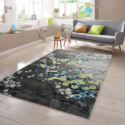 Image de Tapis design à motif floral, gris, turquoise et vert, dimensions : 60 x 110 cm
