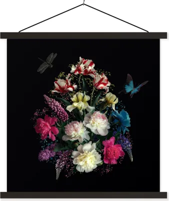 Produktbild von MuchoWow® Textilposter Blumen - Schmetterling - Stilleben 40x40 cm mit schwarzem Rahmen - Fotos
