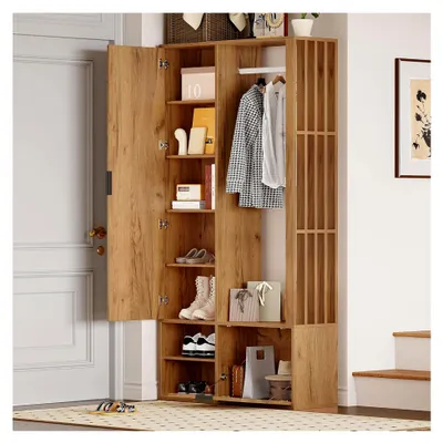 Produktbild von Garderobenschrank, 6-in-1-Eingangsschrank, zum Aufhängen von Mänteln, Flurschrank mit Wäscheständer, Garderobenschrank mit Spiegel, Breite 100 cm, Schrank mit unterer Tür, Holzfarbe