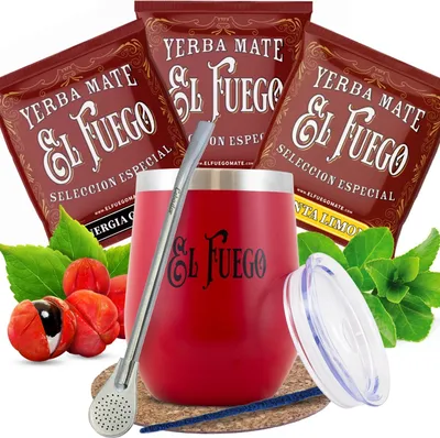 Produktbild von Cebador - Mate Tee Set El Fuego 3x50g Probe - TermoLid Becher Rot 350ml - Mit Bombilla, Zubehör - Rauchig Viel Staub - Paraguay