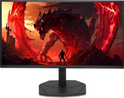 A monitor displaying a fantasy scene with a dragon and a person.