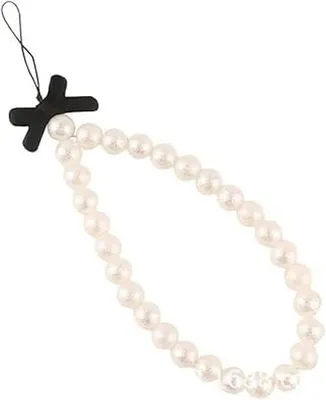 Image de Porte-téléphone portable avec cordon et perles - Blanc