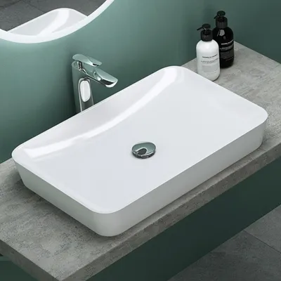 Produktbild von Mai & Mai Aufsatzwaschbecken 60x40x9cm aus Mineralguss Waschbecken Weiß hochglanz inkl. Standard DIN-Anschlüsse Col815