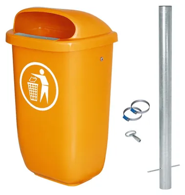 Produktbild von 50 Liter Abfallbehälter orange im Komplettset mit verzinktem Rohrpfosten