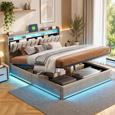 Produktbild von BPKADHY Polsterbett 140x200 cm mit LED, USB, Stauraumbett Doppelbett, Jugendbett mit Bettkasten, Lattenrost, hydraulischem Stauraum, Samt Grau