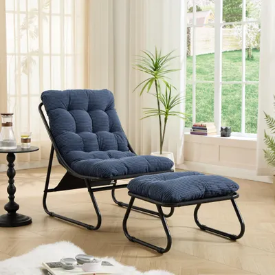 Image de Chaise longue de jardin avec repose-pieds, fauteuil de détente confortable avec coussin moelleux et repose-pieds