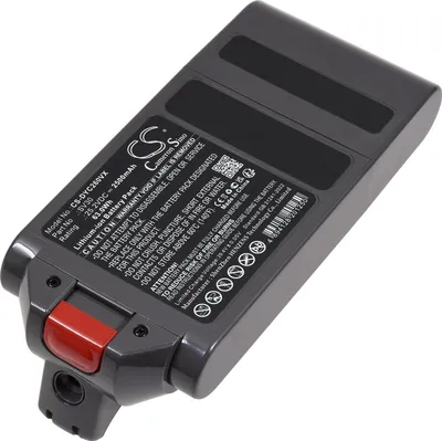 A dark gray battery pack with a red release button, shown at an angle on a light gray background.