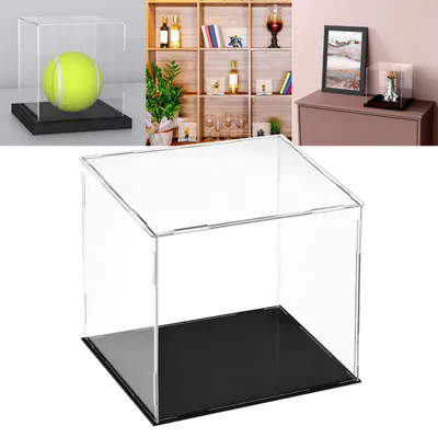 A collage of images showing acrylic display cases, one with a tennis ball, another with a small figurine, and a shelf unit with decorative items.
