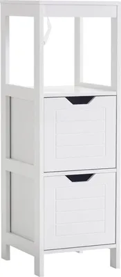 Image de Armoire de salle de bain - Armoire sur pied - Étagère ouverte - Deux tiroirs avec dispositif anti-basculement - 30 × 30 × 89 cm - Blanc