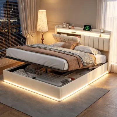 Produktbild von INONEFT Boxspringbett 140x200 cm mit LED & USB,Bettgestell mit Lattenrost/Stauraum,Polsterbett mit Bettkasten,Hydraulisches Stauraumbett, Samt, Beige