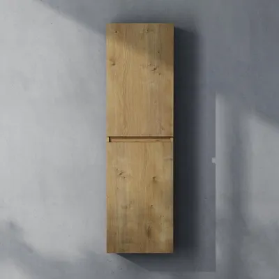 A tall, narrow wooden cabinet mounted on a concrete wall.