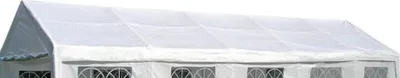 A white tent roof with windows.