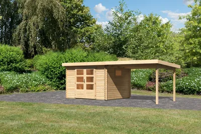 Produktbild von Gartenhaus Blockbohlenhaus Gerätehaus  Trittau 3 im Set mit Anbaudach 3,3 m naturbelassen 580,5x297x217 cm