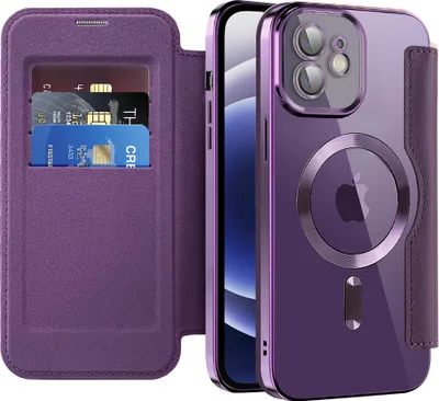A purple iPhone 12 case with a card holder and MagSafe compatibility is shown open, displaying the inside card slots and the back of the case with the Apple logo.