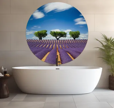 Produktbild von Wallario wasserfestes Poster selbstklebend 120 x 120 cm, Abstraktes lila Blumenfeld mit Lavendel, Badezimmerposter Spritzschutz mit Hochglanzoberfläche in Glasoptik
