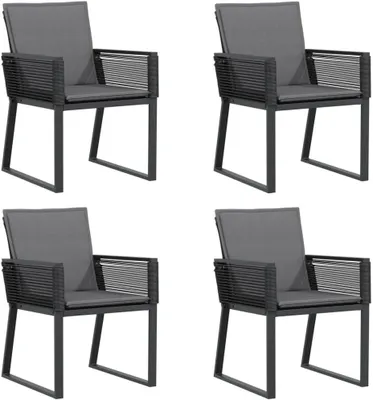 Produktbild von Set aus 4 schwarzen Poly-Rattan-Gartenstühlen mit Polstern, Kissen, stabilem Stahlrahmen und einer Belastbarkeit bis 110 kg