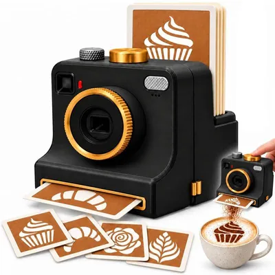 Produktbild von 3D gedruckte Latte Art Kamera, manueller Kaffeepulver Drucker,Kaffeedekor Werkzeuge mit wiederverwendbaren Schablonen für Latte, Cappuccino