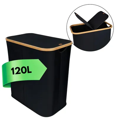 Produktbild von Valle Verde 120L Aufbewahrungsbox XXL mit Deckel und Bambusrahmen, 2 Fächer Aufbewahrungskorb, Wäschekorb Wäschesammler - Faltbar, Schwarz 54x33x68 cm